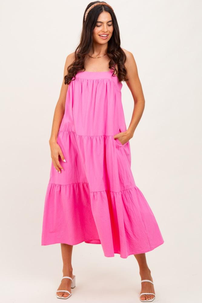 pink tiered midi dress