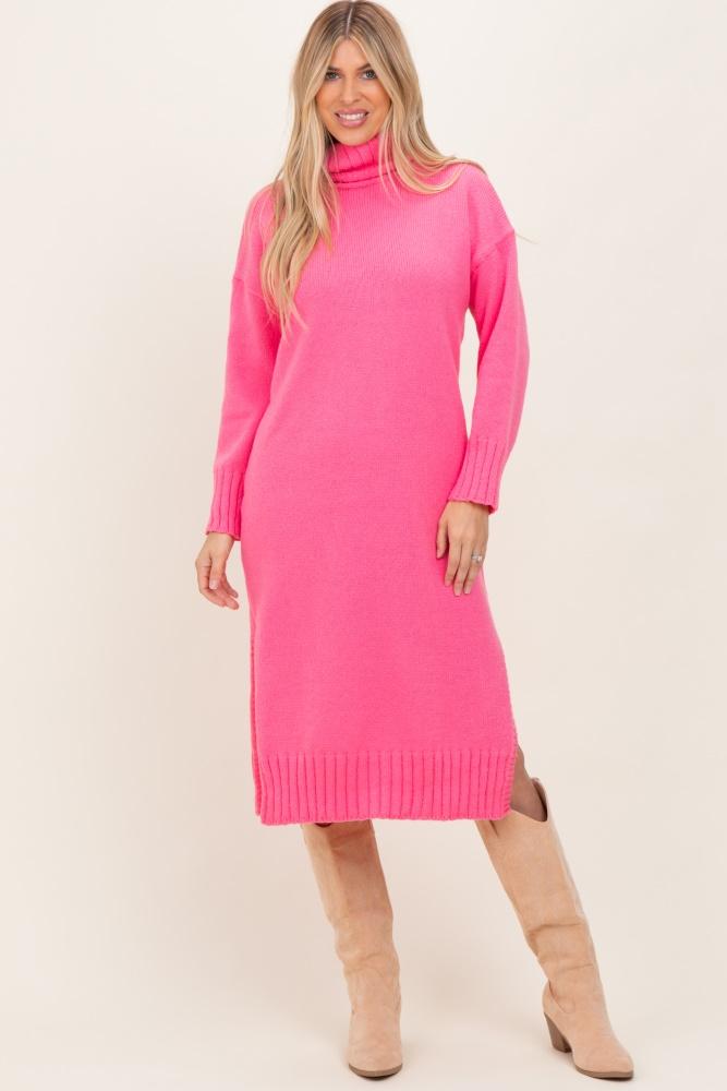 pink turtleneck chunky knit midi sweater dress