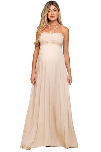 pinkblush beige smocked halter maternity maxi dress