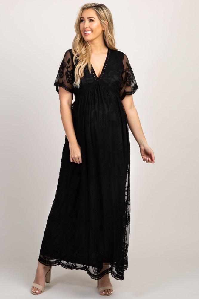 pinkblush black lace mesh overlay maternity maxi dress