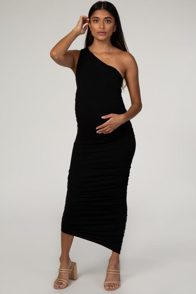 pinkblush black ruched one shoulder maternity dress