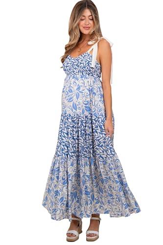 pinkblush blue leaf print smocked shoulder tie tiered maternity maxi dress