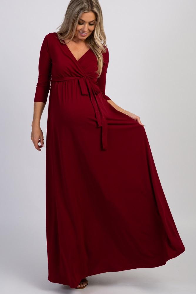 pinkblush burgundy draped 3/4 sleeve maternity maxi dress