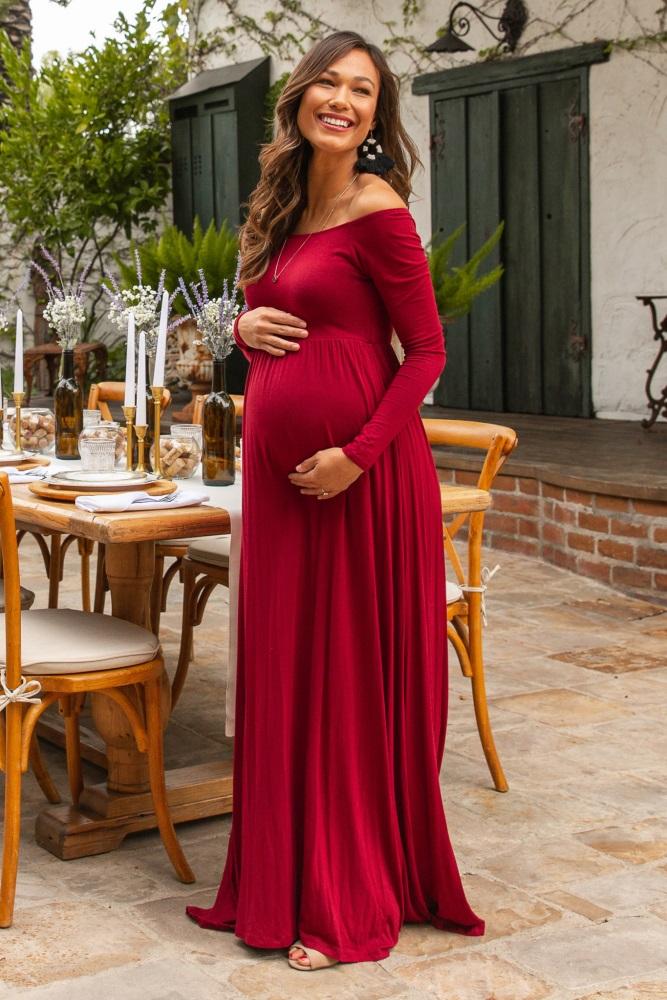 pinkblush burgundy solid off shoulder maternity maxi dress