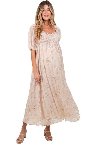pinkblush cream floral chiffon embroidered ruffle trim maternity maxi dress