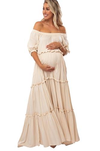 pinkblush cream off shoulder ruffle tiered maternity maxi dress