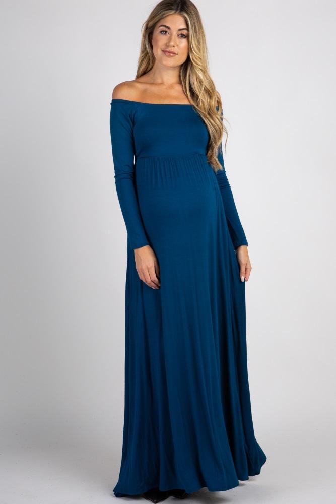 pinkblush dark teal solid off shoulder maternity maxi dress