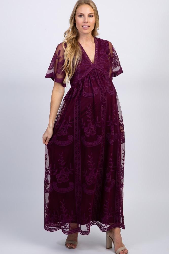 pinkblush deep burgundy lace mesh overlay maternity maxi dress