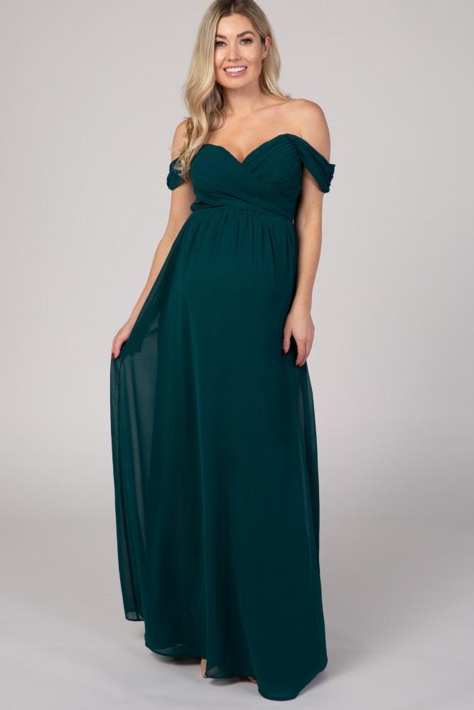 pinkblush forest green off shoulder chiffon maxi maternity dress