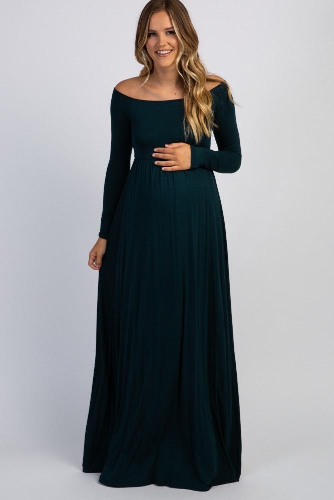 pinkblush forest green solid off shoulder maternity maxi dress