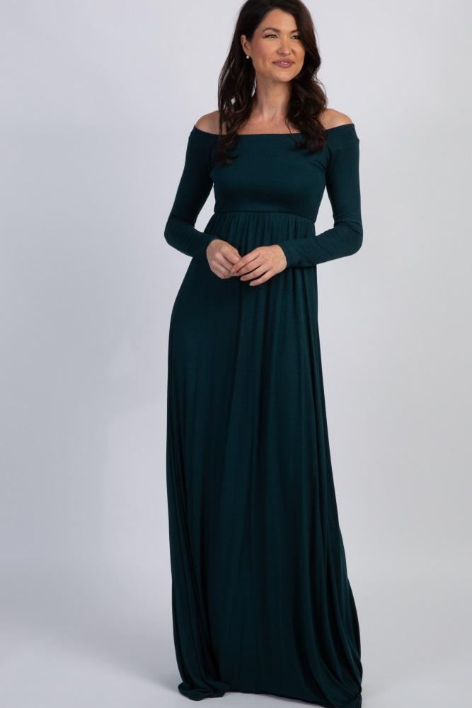 pinkblush forest green solid off shoulder maxi dress