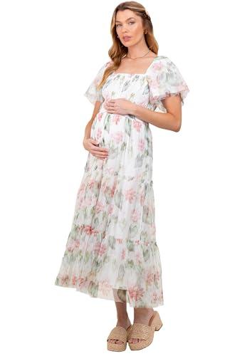 pinkblush ivory floral mesh smocked maternity midi dress