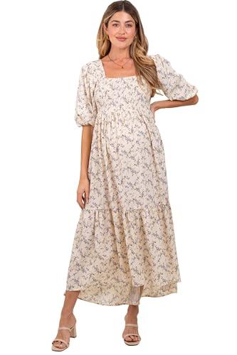 pinkblush ivory floral smocked hi-low puff sleeve maternity maxi dress