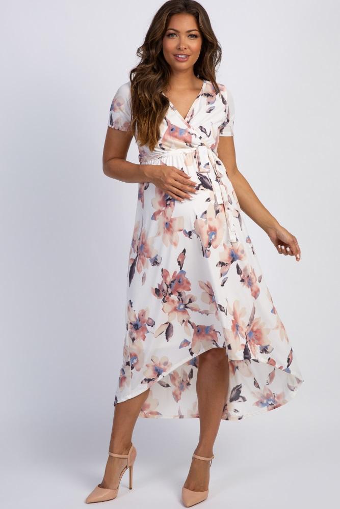pinkblush ivory watercolor floral hi-low maternity wrap dress