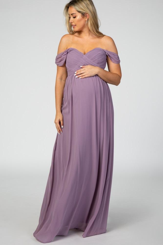pinkblush lavender off shoulder chiffon maxi maternity dress