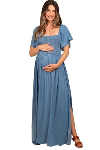 pinkblush light blue chambray smocked maternity maxi dress