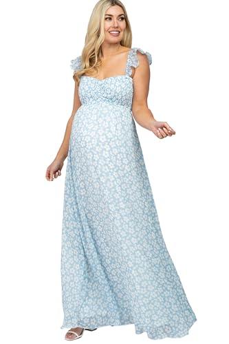 pinkblush light blue floral chiffon sweetheart neck off shoulder maternity maxi