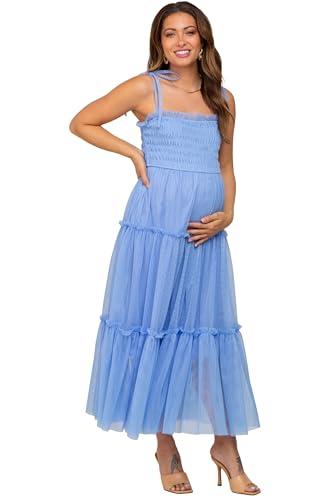 pinkblush light blue smocked mesh maternity midi dress