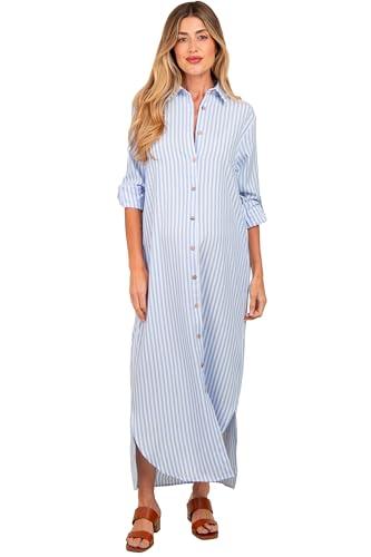 pinkblush light blue striped button down maternity maxi dress