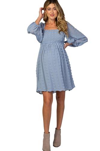 pinkblush light blue textured dot smocked square neck chiffon maternity dress