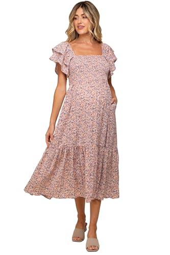 pinkblush light pink floral flutter maternity midi dress