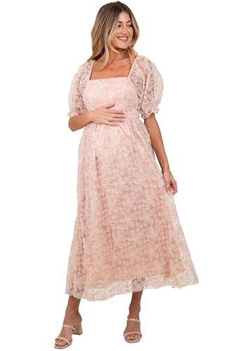 pinkblush light pink floral mesh overlay tie back maternity midi dress