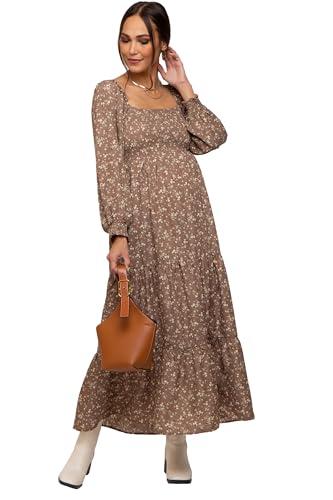 pinkblush mocha floral smocked long sleeve maternity maxi dress