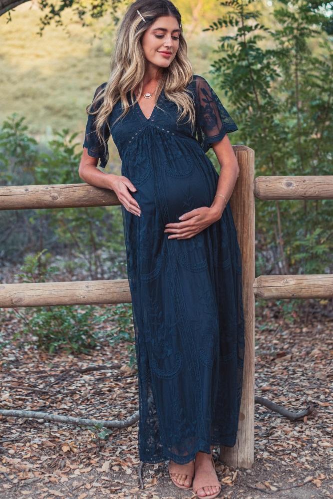 pinkblush navy blue lace mesh overlay maternity maxi dress