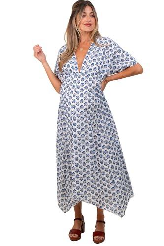 pinkblush navy floral deep v-neck handkerchief hem maternity maxi dress