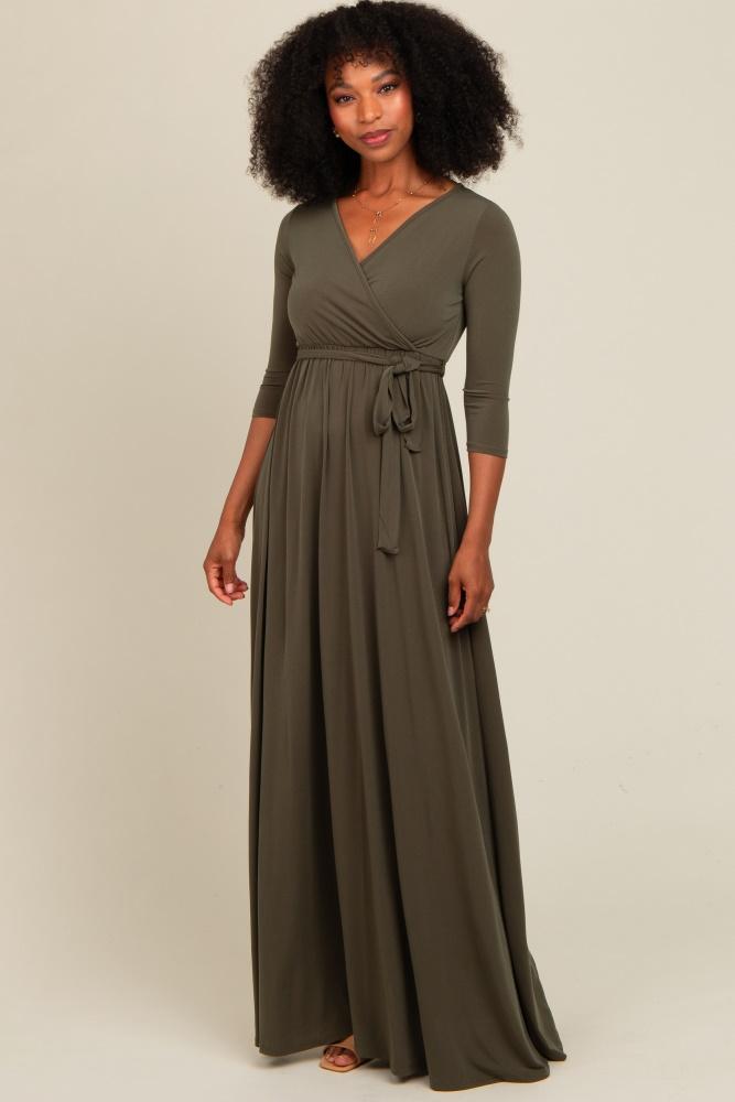 pinkblush olive green draped 3/4 sleeve maxi dress