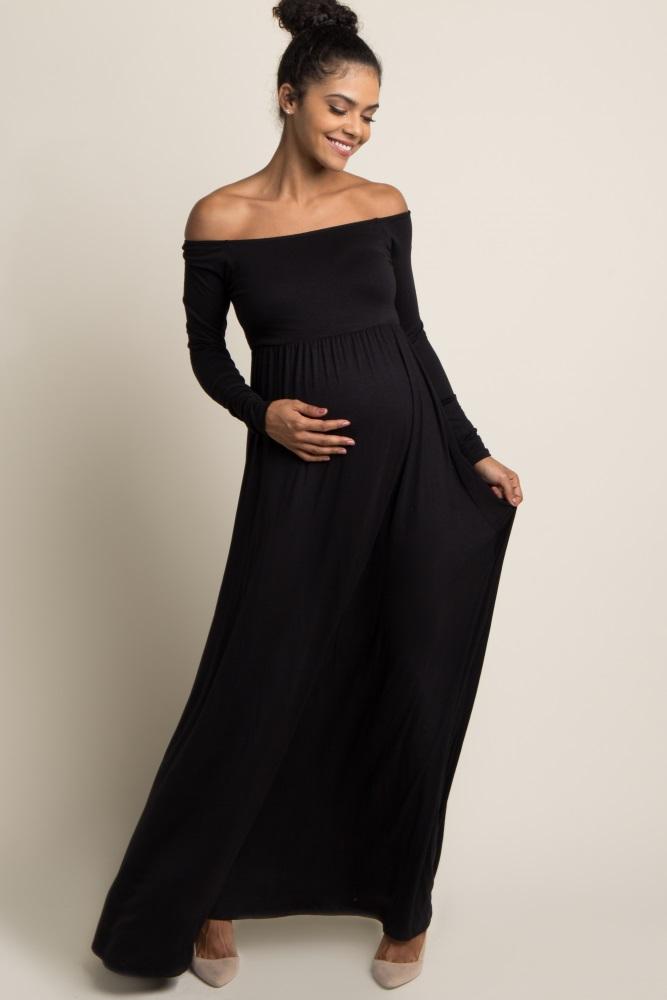 pinkblush petite black solid off shoulder maternity maxi dress