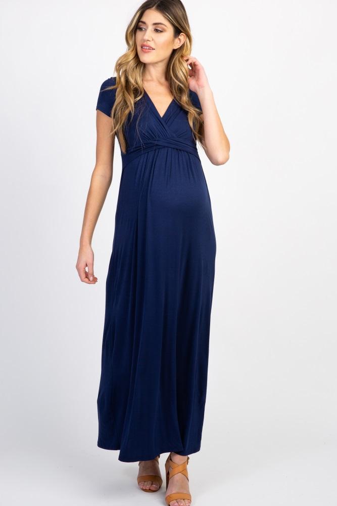 pinkblush petite navy draped maternity/nursing maxi dress