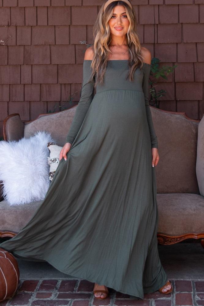 pinkblush petite olive solid off shoulder maternity maxi dress