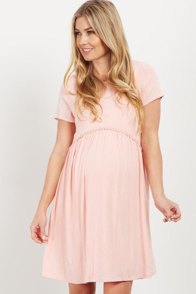 pinkblush pink solid crochet trim maternity shift dress