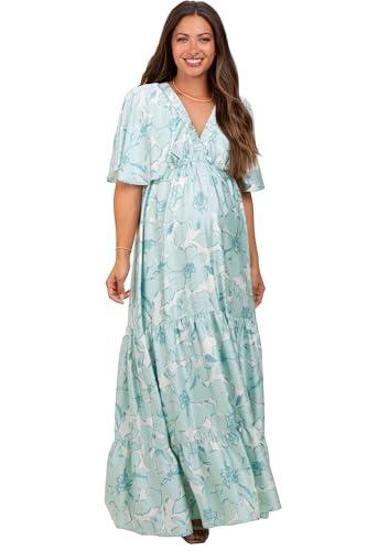 pinkblush sage floral short sleeve deep v-neck tiered maternity maxi dress