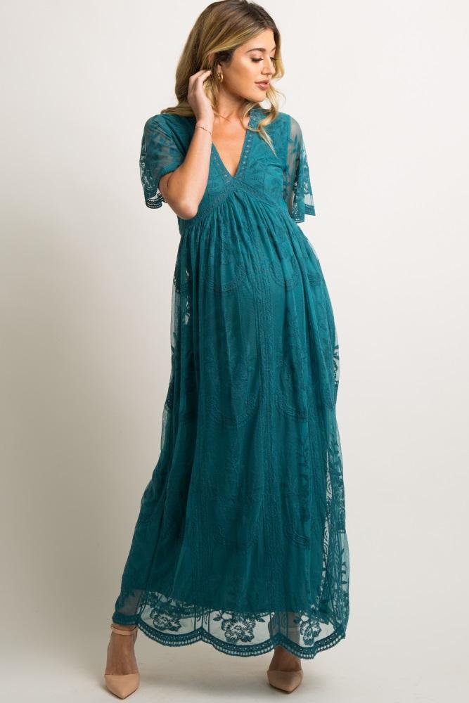 pinkblush teal lace mesh overlay maternity maxi dress
