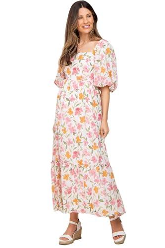 pinkblush white floral puff sleeve maternity maxi dress
