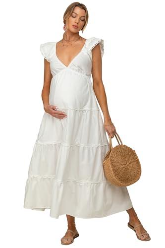 pinkblush white ruffle trim maternity maxi dress