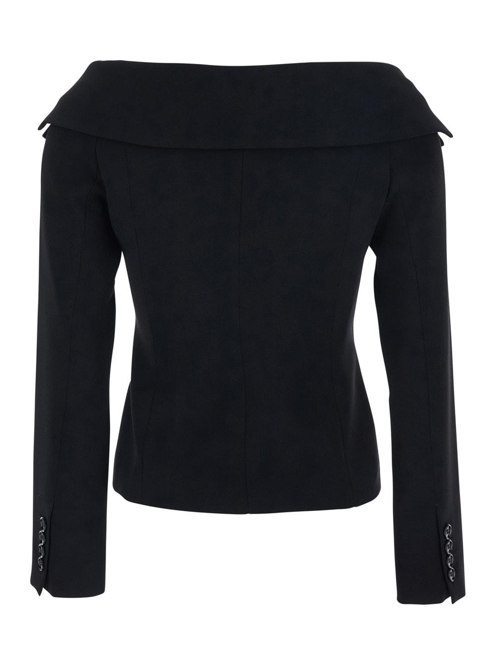 pinko antonina black jacket with off-shoulder neckline in tech fabric woman