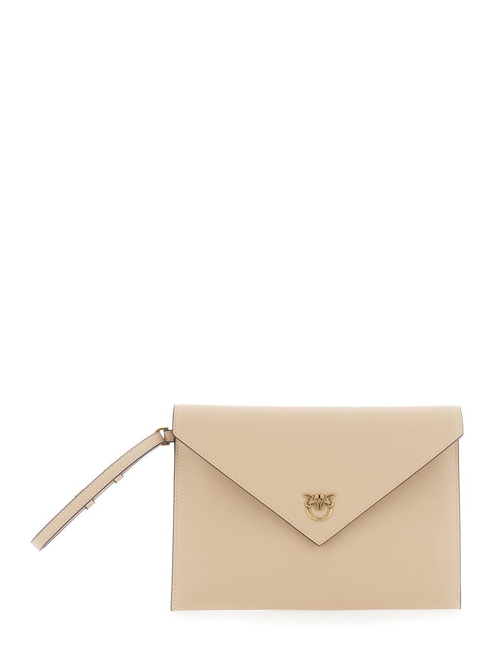 pinko beige clutch bag with metal plate and love birds logo in leather woman