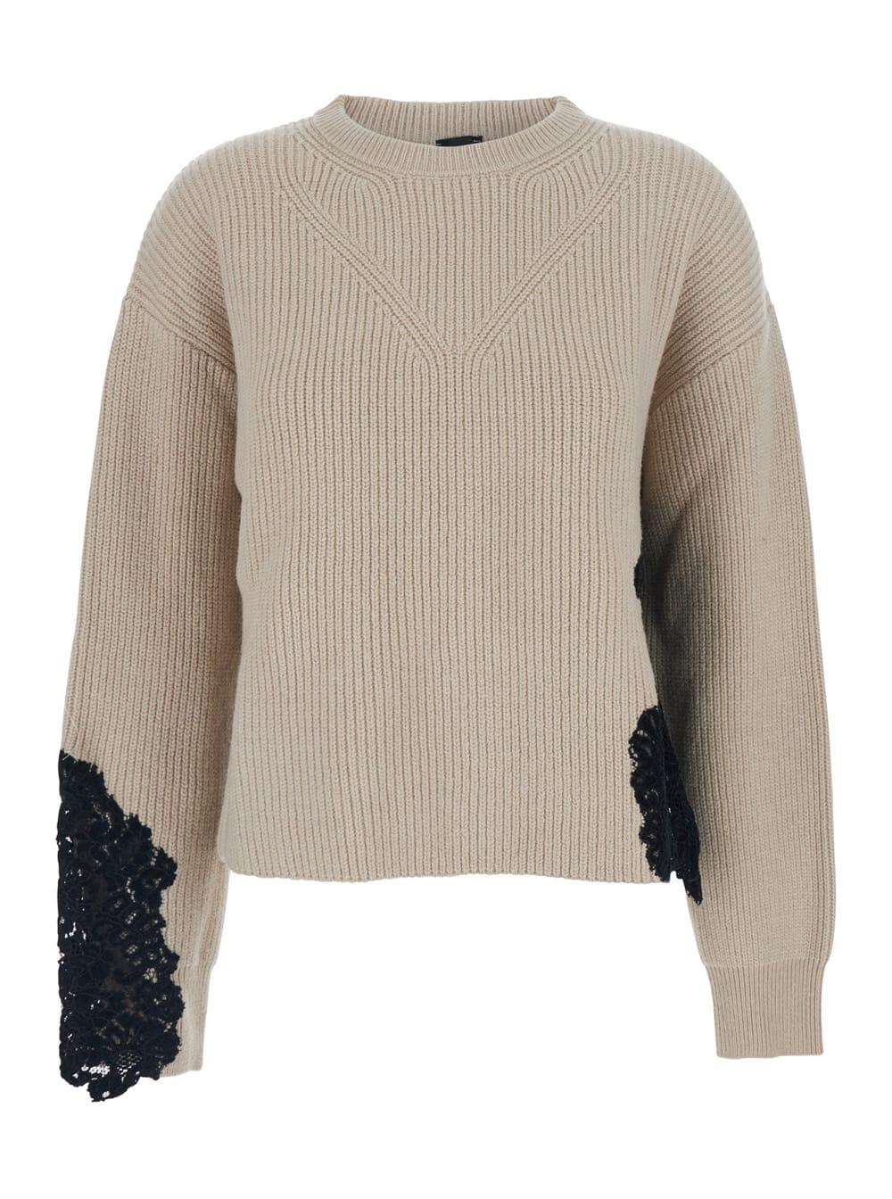 pinko beige crewneck sweater with lace embroidery and logo patch on the rear in wool blend woman