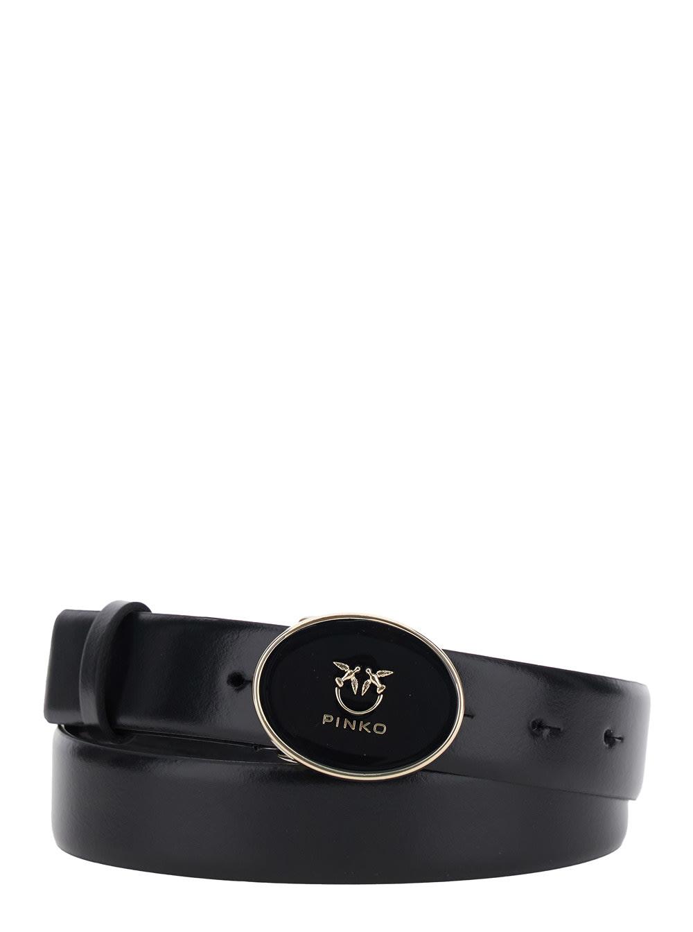pinko black belt with logo plaque closure in leather woman