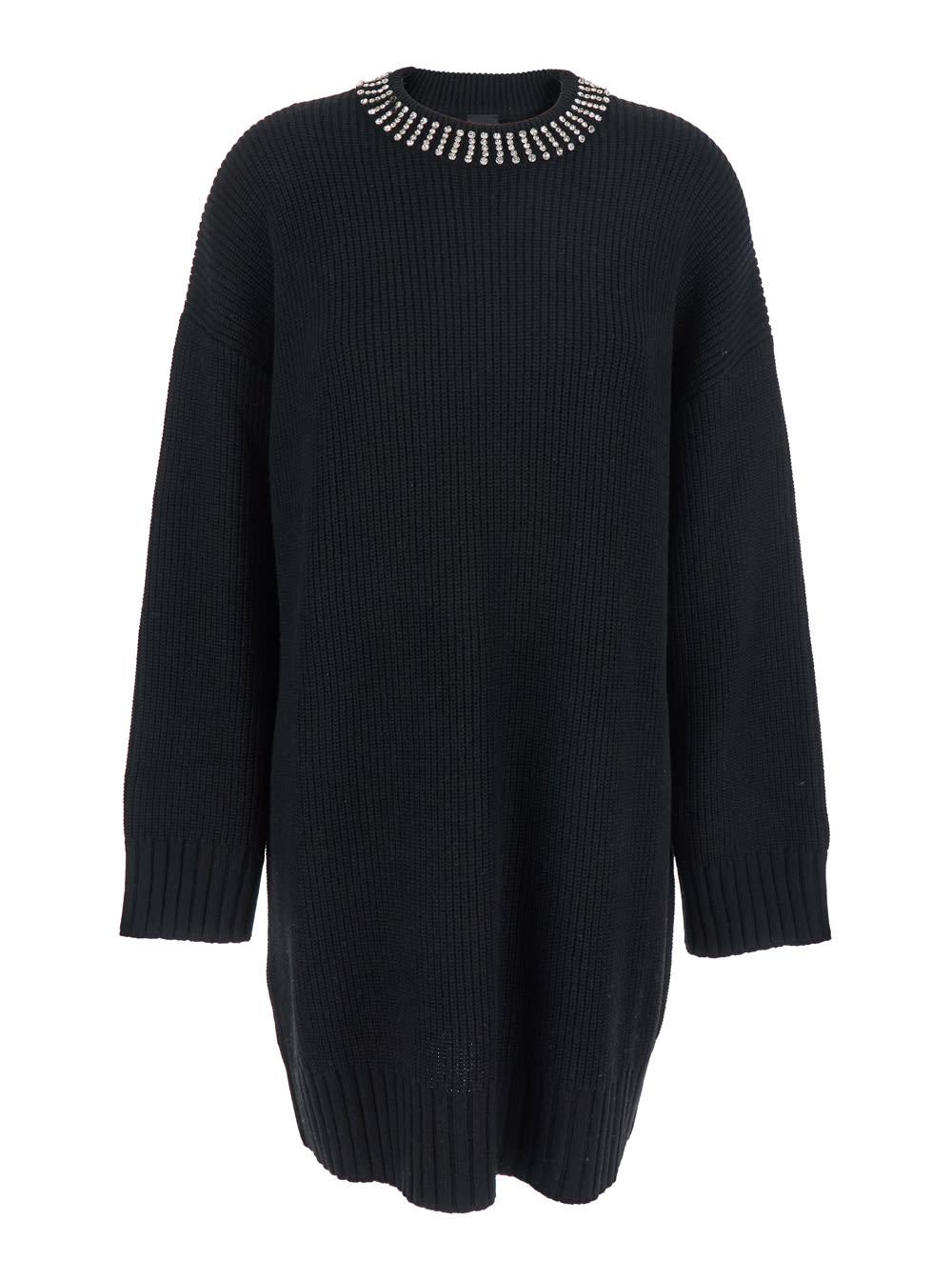 pinko black dress with droped shoulder and crystal embellishments in cashmere woman
