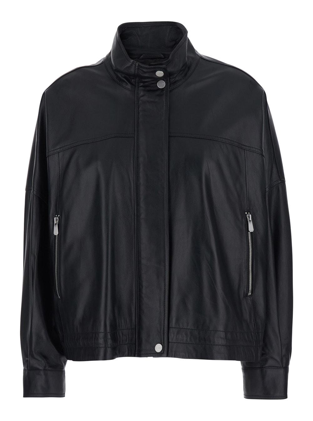 pinko black jacket with high collar and side zip pockets for women