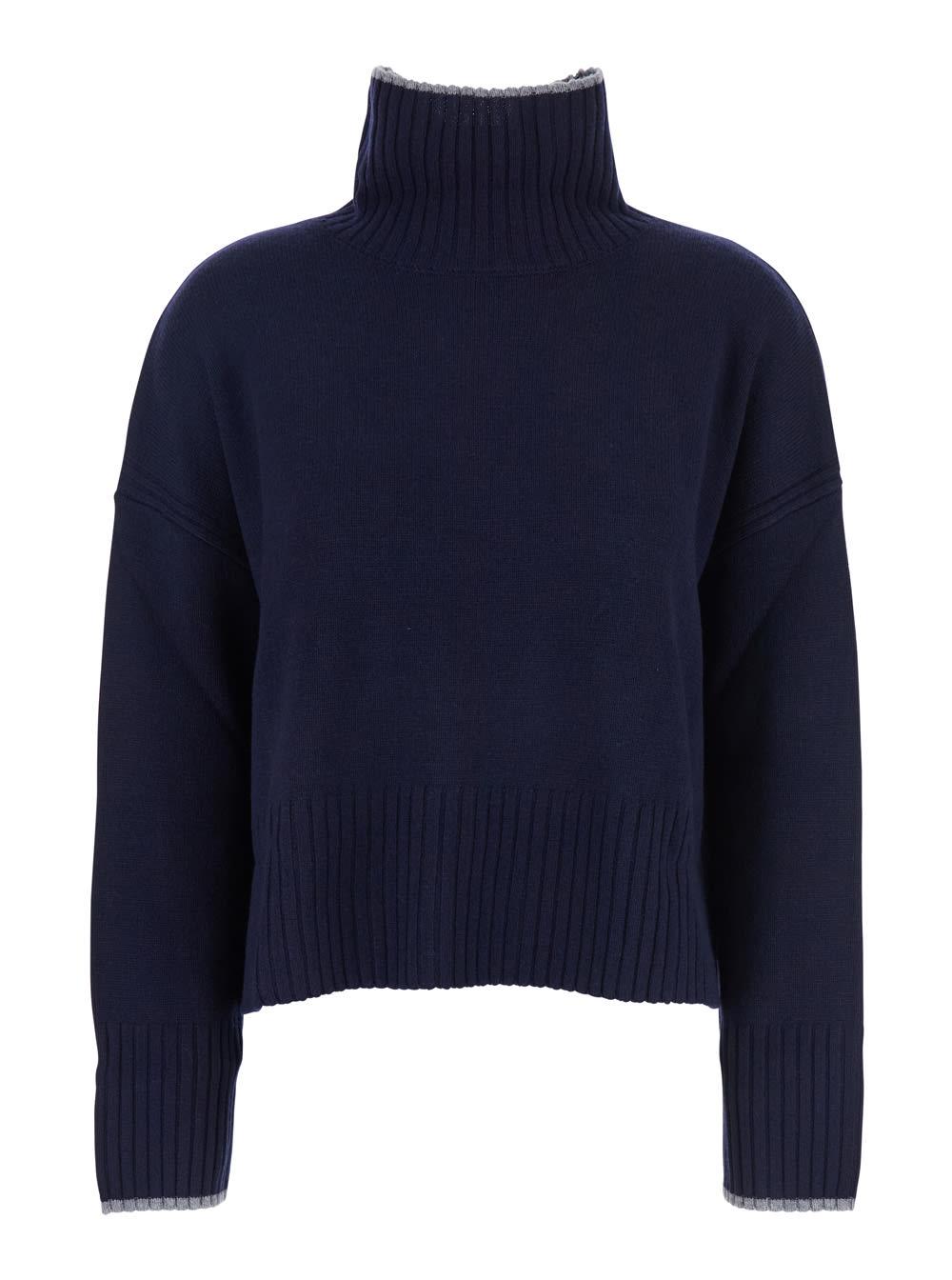pinko blue turtleneck sweater with back logo in wool woman