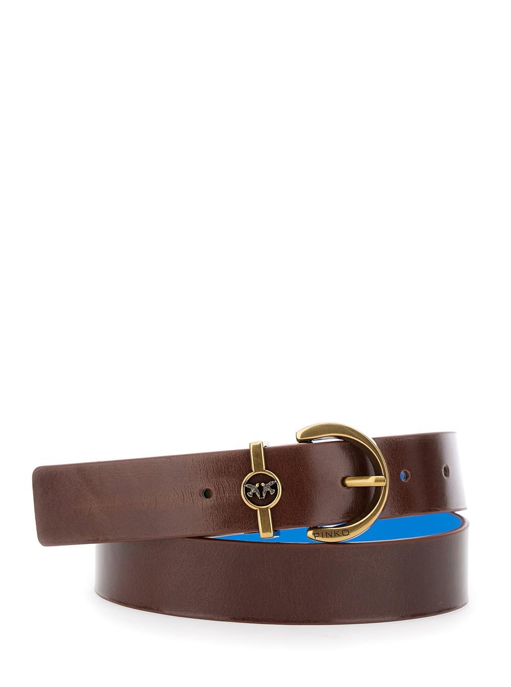 pinko brown reversible belt with buckle closure and love birds diamond cut plaque on the front in leather woman