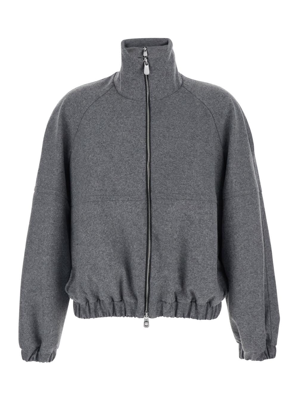 pinko consuelo grey cropped jacket with high neck and elastic trims in wool blend stretch woman