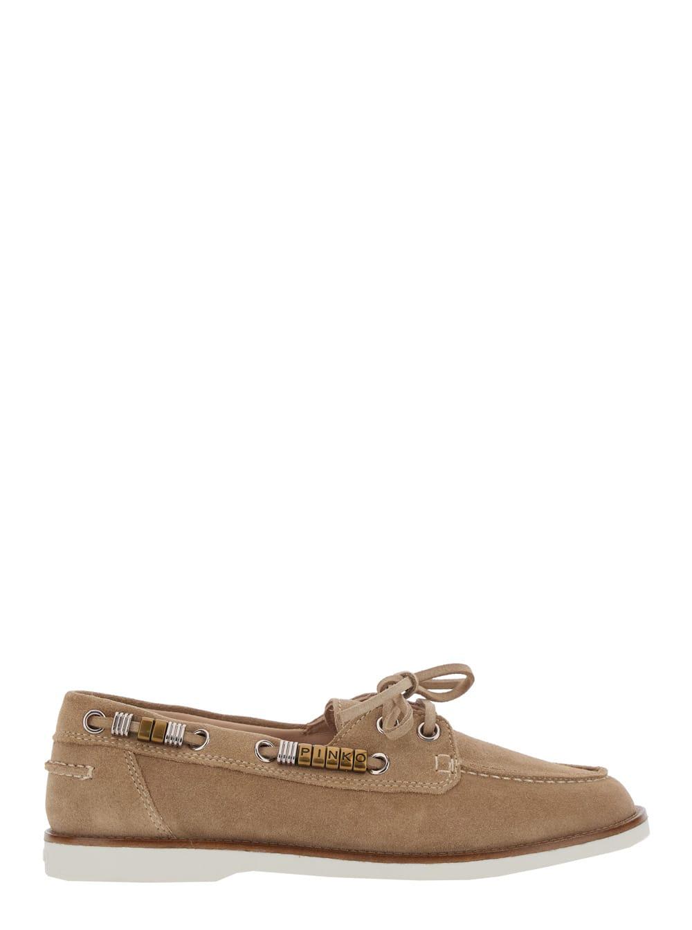 pinko grace beige loafers with side laces and logo details in suede woman