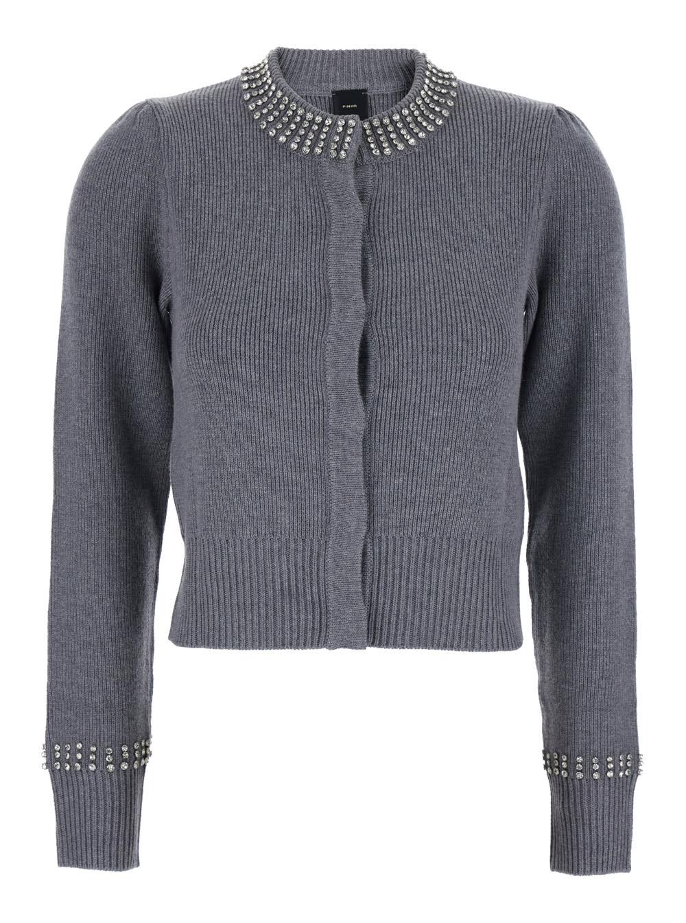 pinko grey cardigan with crystal embellishments and logo patch on the back in cashmere woman
