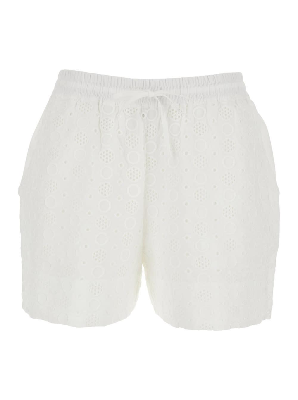 pinko liz shorts with elastic waist and drawstring and all-over embroidery in white cotton for women